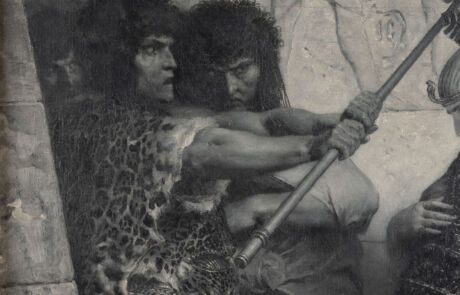 Historisches Gemälde zeigt zwei in Fell gehüllte Männer im Kampf, eine dramatische Szene mit antikem Hintergrund.