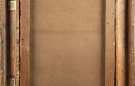 Rückseite einer Leinwand umrahmt von gealterten Holzleisten, Details und Patina erkennbar, bei Hargesheimer Kunstauktion.