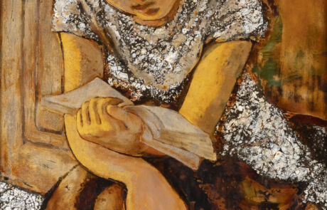 The painting depicts a young woman in a shimmering silver dress, thoughtfully bent over a book. She sits on a dark wooden chair, her head bowed, and she appears engrossed in her reading. The background and the dress are painted in expressive golden and brown tones.
