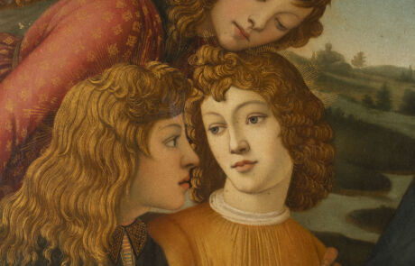 Detailreiche Malerei dreier Figuren mit Engeln in renaissancezeitlichem Stil bei einer Kunstauktion.