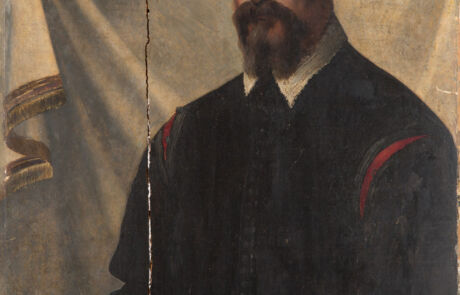 Geschädigtes Porträtgemälde eines Mannes mit Bart und traditioneller Kleidung, historisches Kunstwerk bei Hargesheimer Kunstauktion.