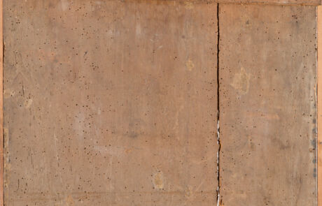 Alt-Text: Gealtertes zweiteiliges Holzpaneel mit sichtbaren Gebrauchsspuren, möglicherweise ein historisches Kunstsammlerstück.