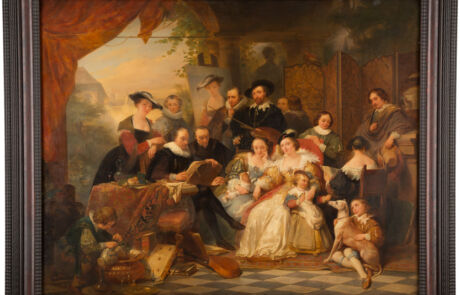 Alt-Text: Gemälde einer geselligen Runde aus dem 17. Jahrhundert, dargestellt in lebhaften Farben und detailreichen Kostümen, ausgestellt bei einer Kunstauktion.