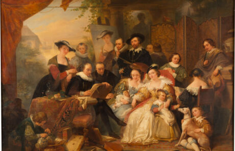 Opulentes Gemälde einer eleganten Gesellschaft im Innenraum, historische Kunstwerke, Auktion.