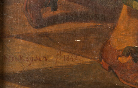 Nahaufnahme eines Gemäldedetails mit Signatur „D.K. Gyobri – 1842“, betont historische Kunstepoche.