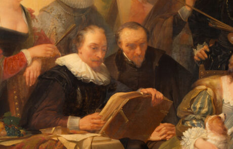 Detailreiches historisches Gemälde mit mehreren Figuren, die ein Buch studieren; Highlight bei Kunstauktion Hargesheimer.