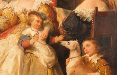 Gemälde mit elegant gekleideten Personen und einem Windhund in einem historischen Interieur, präsentiert bei einer Kunstauktion.