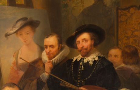 Alt-Text: Historisches Gemälde zeigt eine Versammlung edler Personen in traditioneller Kleidung, erhältlich bei Hargesheimer Kunstauktion.