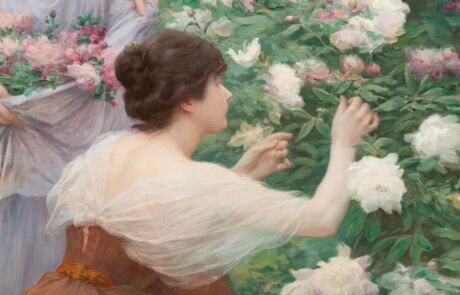 Gemälde einer Frau, die zart weiße Blumen in einem Garten pflückt; symbolisiert Eleganz und Schönheit im Rahmen einer Kunstauktion.