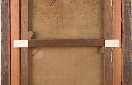 Rückansicht eines gerahmten Kunstwerkes, Holzleisten und Leinwand, Detailaufnahme bei Hargesheimer Kunstauktion.