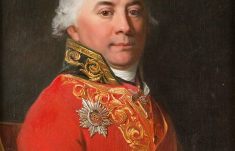 Historisches Porträt eines Mannes in roter Uniform mit Orden, präsentiert in einer Kunstauktion.