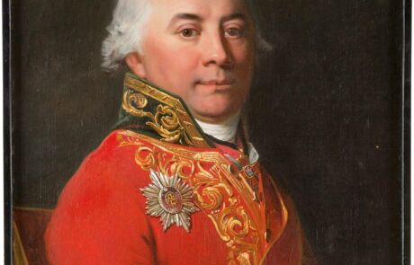 Detailreiches Porträt eines hochrangigen Offiziers in roter Uniform und Orden, historisches Kunstwerk bei Hargesheimer Auktion.