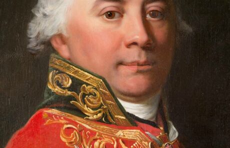 Nahaufnahme eines historischen Gemäldes, Porträt eines Mannes in roter Uniform mit goldenen Verzierungen.