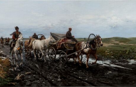 Gemälde von Pferden und Kutschen auf schlammigem Feldweg, Detailreichtum und historischer Kontext, präsentiert bei Hargesheimer Kunstauktion.