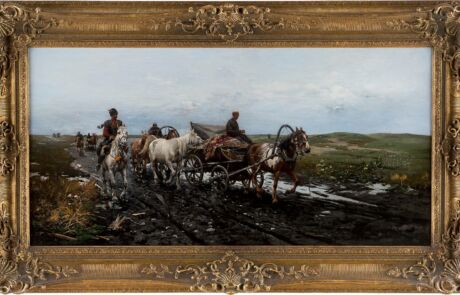 Historisches Gemälde: Zugpferde und Kutschen auf nassem Landweg, atmosphärisch in realistischem Stil dargestellt.