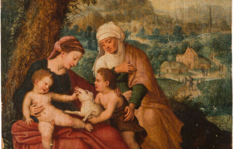 Alt-Text: Historisches Gemälde zeigt eine Szene mit zwei Frauen und zwei Kindern in einer ländlichen Landschaft, potenzielles Sammlerstück bei einer Kunstauktion.