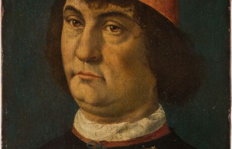 Porträt eines ernsten Mannes im historischen Gewand, präsentiert bei einer Kunstauktion von Hargesheimer.