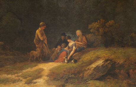 Historisches Gemälde zeigt eine Gruppe von Personen in einer ländlichen Szenerie, vermutlich bei einer Auktion.