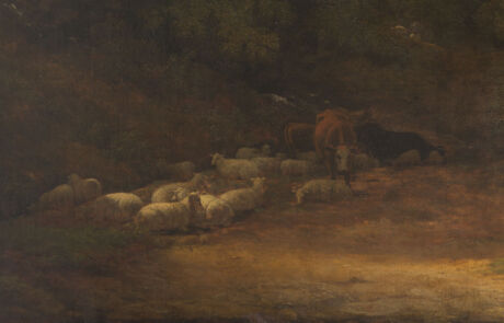 Ölgemälde einer ländlichen Szene mit Schafherde und Hirte in düsterer Beleuchtung, historisches Kunstwerk für Sammler.