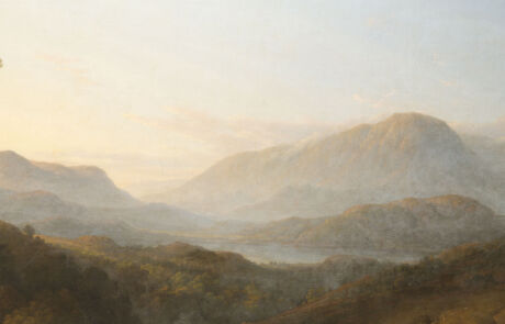 Landschaftsgemälde zeigt sanfte Hügel und ein ruhiges Tal bei Sonnenuntergang, historisches Kunstwerk in sanften Pastelltönen, perfekt für Sammler.