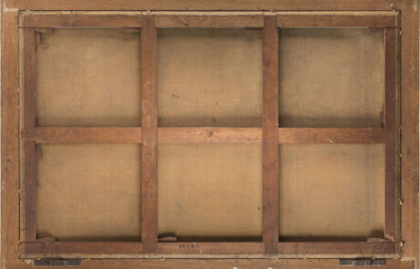 Rückseite eines antiken Gemäldes mit sichtbarem Holzrahmen und Leinwand, Symbol für Kunstrestaurierung.