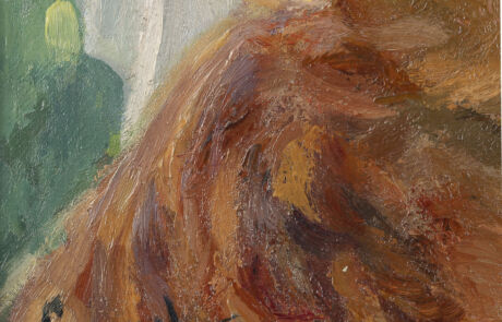 Detailaufnahme eines impressionistischen Gemäldes mit lebendigen Pinselstrichen und warmen Farbtönen, ausgestellt bei einer Kunstauktion.