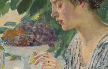 Detailreiches Gemälde einer Frau, die Trauben isst, ein historisches Kunstwerk auf einer Kunstauktion.