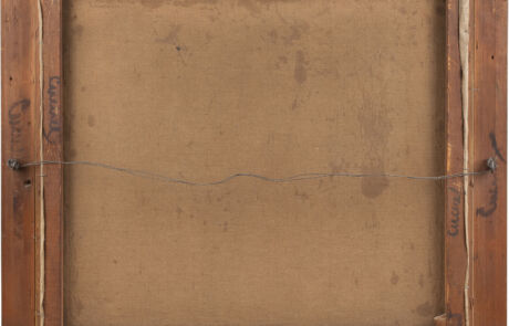 Rückseite eines alten Gemäldes, sichtbare Holzrahmen und Leinwand, Schwerpunkt historisches Sammlerstück bei Kunstauktion.