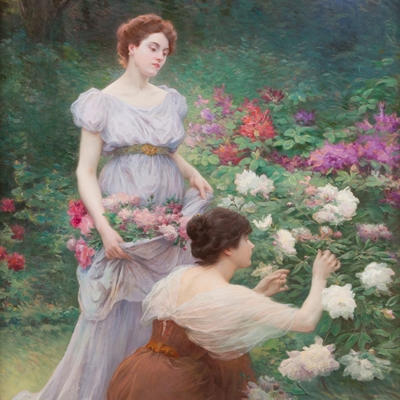 Gemälde zweier Frauen in einem Blumengarten: Die stehende Frau in einem hellblauen Kleid betrachtet nachdenklich, die zweite, kniende in Braun, pflückt Blumen. Impressionistischer Stil, 19. Jahrhundert.