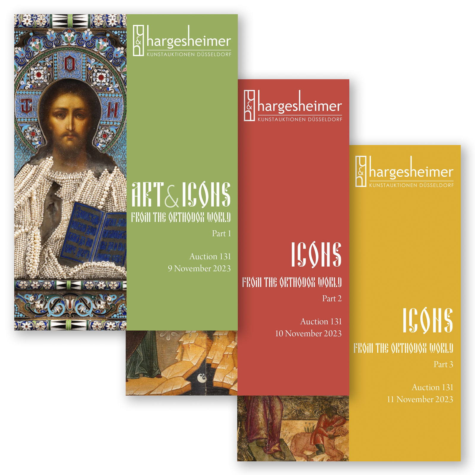 Bildcollage zu Auktionen mit Orthodoxen Kunstwerken des Auktionshauses Hargesheimer, darunter eine detailreiche orthodoxe Ikone Christi, bunte Malereien und Informationsbroschüren mit Daten.