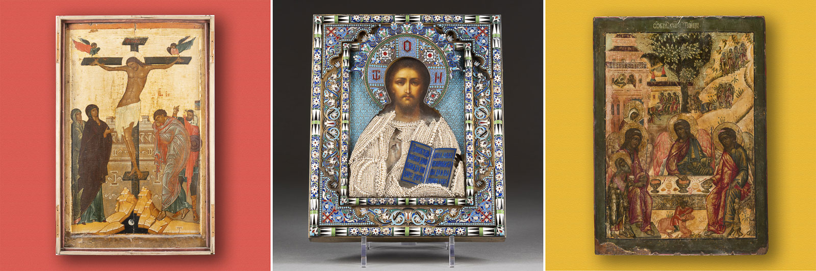 Dreiteilige Darstellung von Ikonen auf farbigen Hintergründen: links die Kreuzigung Christi, Mitte Jesus Christus mit Perlengewand, rechts Darstellung der Dreifaltigkeit als Gastmahl.